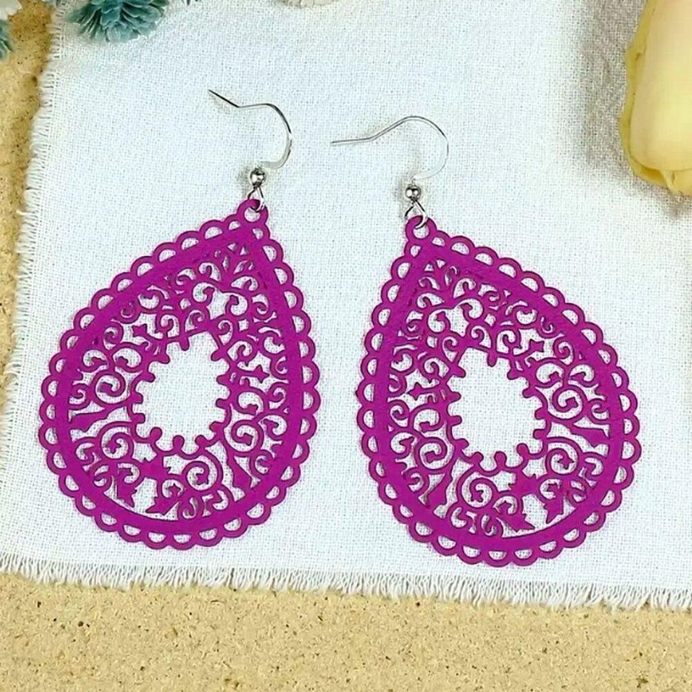 Ophelia Filigree Teardrop Water Drop Dangle Earrings Purple Plum Gift Packaged